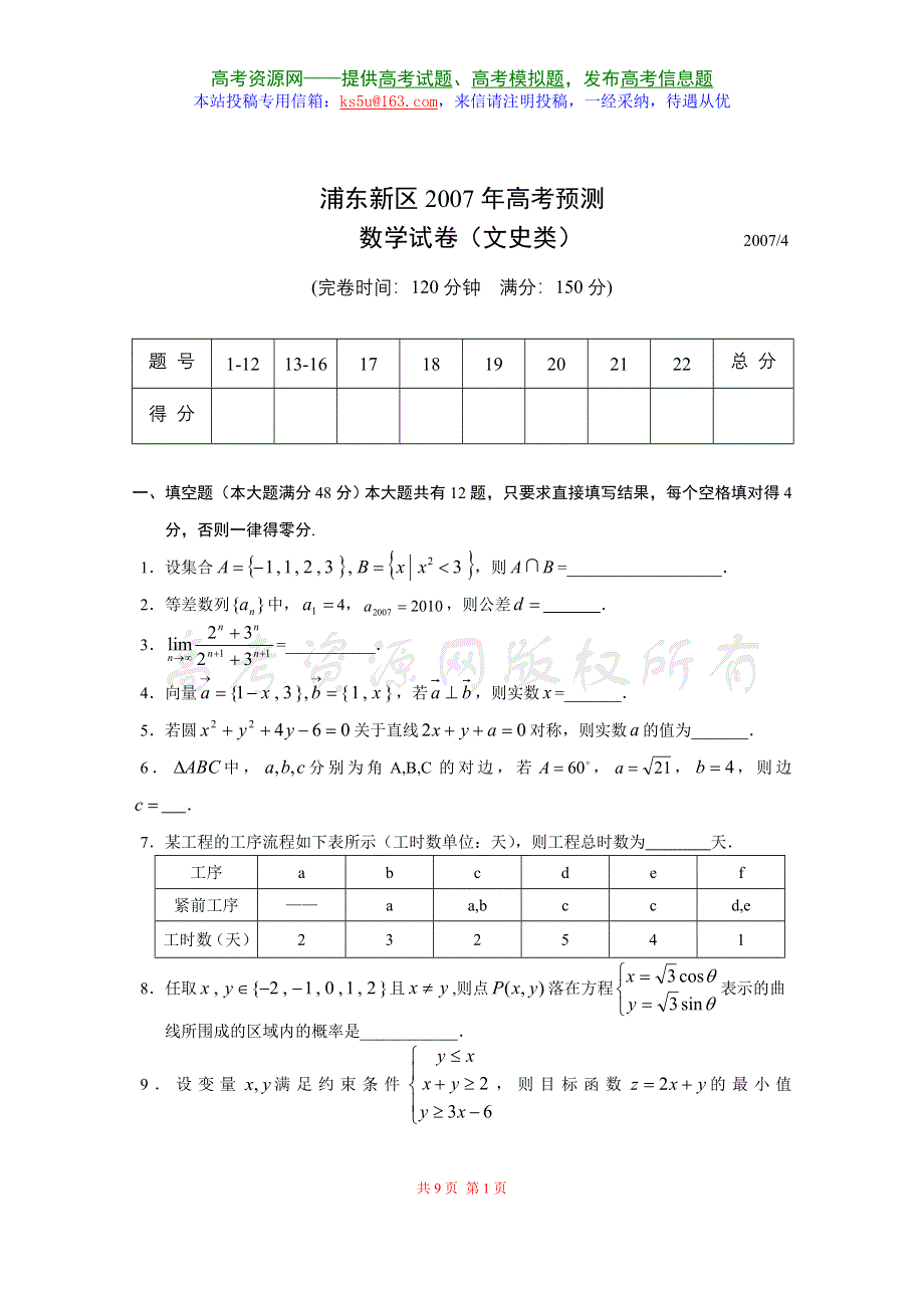 [推荐]2007上海市浦东新区高考预测考试数学（文）.doc_第1页