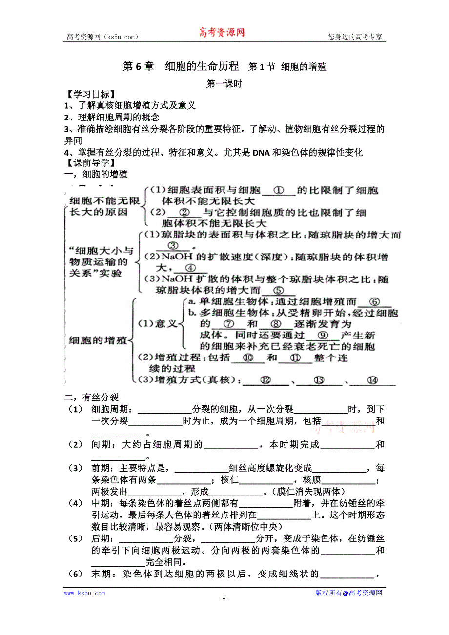 [原创]高一生物必修一第六章细胞的增殖第一课时学案.doc_第1页