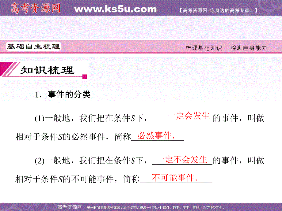 2012届高考数学理一轮复习精品课件（人教A版）：10.4 随机事件的概率.ppt_第3页