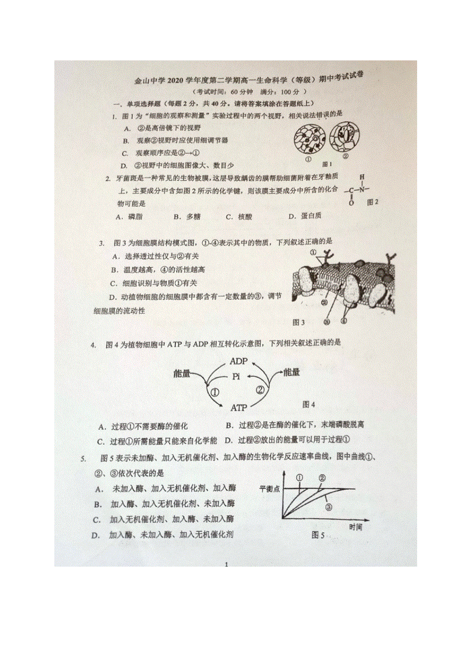 上海市金山中学2020-2021学年高一生命科学下学期期中试题（扫描版）.doc_第1页