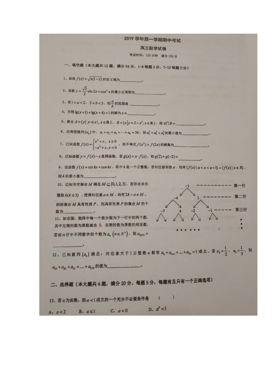 上海市金山中学2020届高三上学期期中考试数学试题 扫描版含答案.doc_第1页