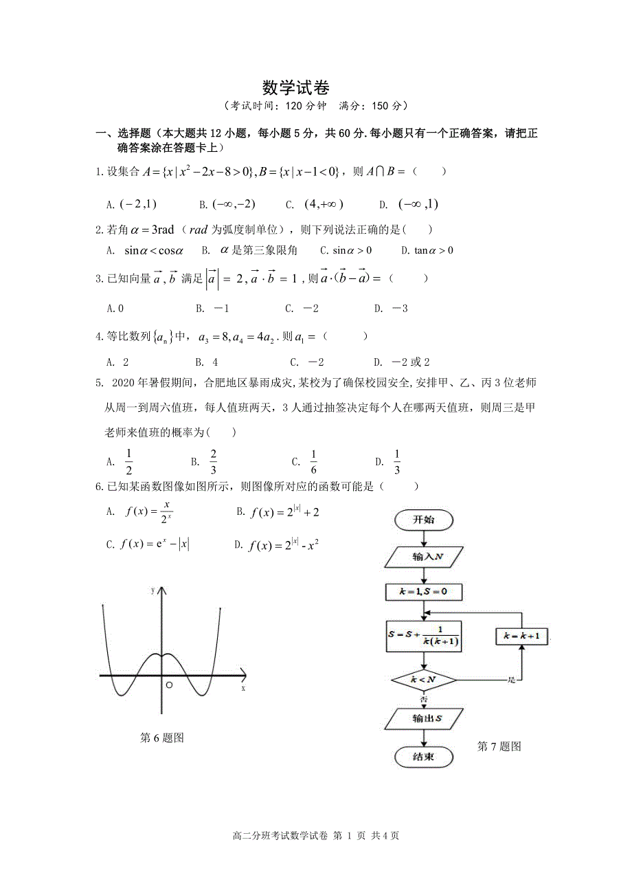 安徽省合肥市第三中学2019-2020学年高二上学期分班考试数学试卷 PDF版含答案.pdf_第1页