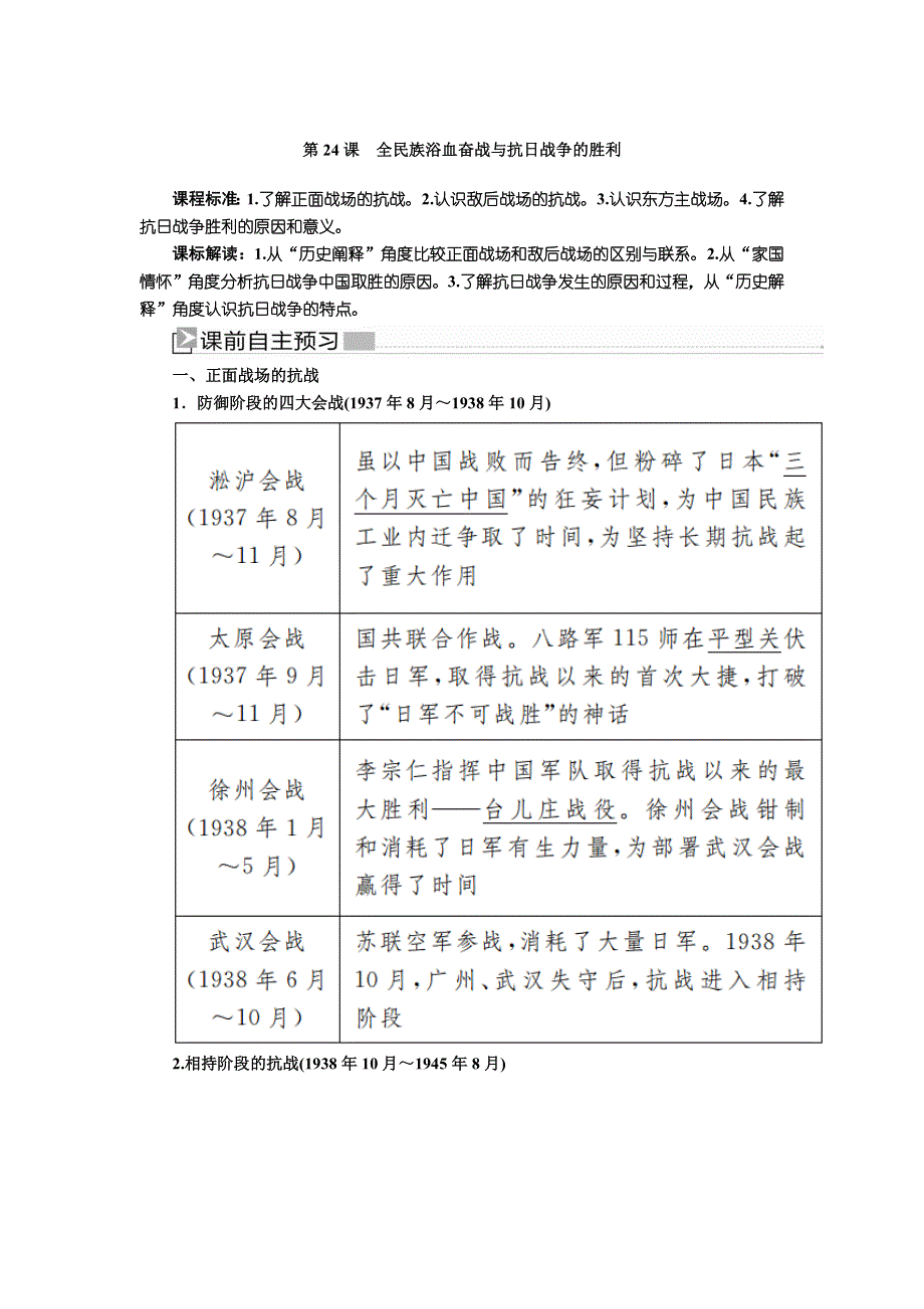 2019-2020学年新教材人教统编版高中历史必修中外历史纲要（上册）教师用书：24第24课 全民族浴血奋战与抗日战争的胜利 WORD版含答案.docx_第1页