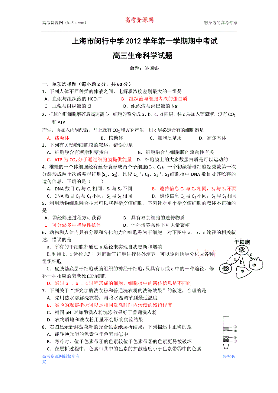 上海市闵行中学2013届高三上学期期中考试生物试题.doc_第1页