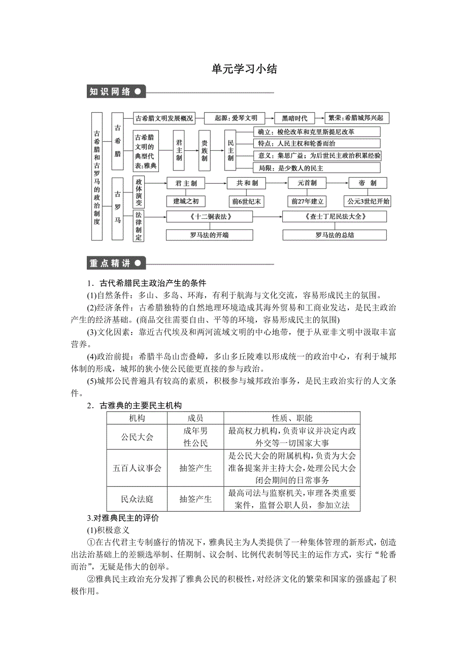 2016-2017学年高一历史岳麓版必修一课时作业：第二单元　古希腊和古罗马的政治制度 单元小结 WORD版含解析.docx_第1页