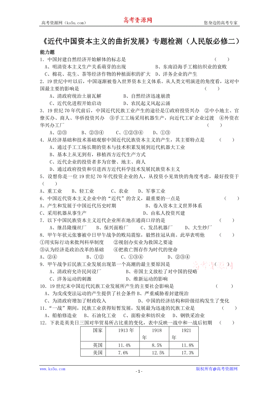 专题二 近代中国资本主义的曲折发展 专题检测（人民版必修2）.doc_第1页