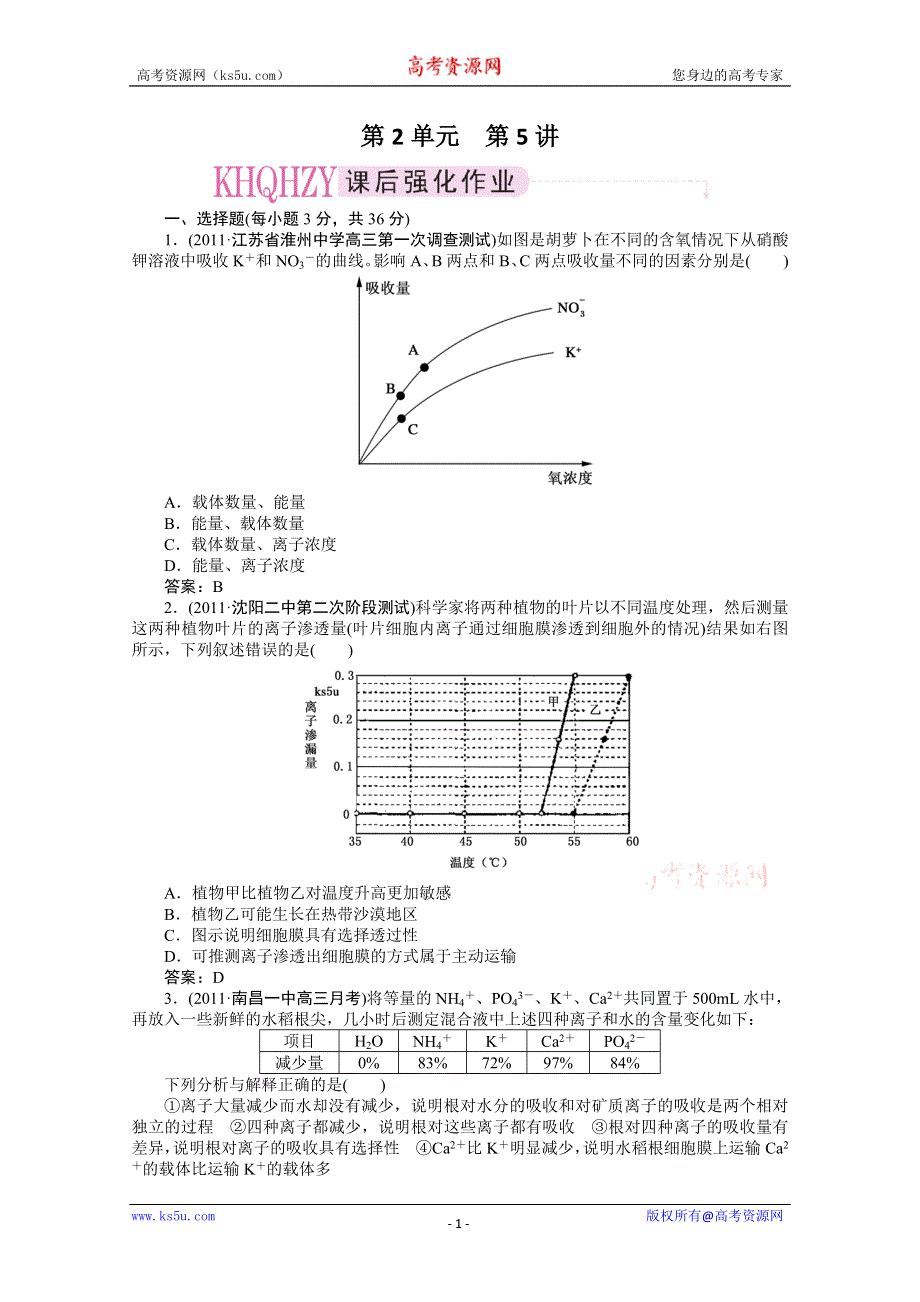 [原创]高中生物同步练习2-第五讲植物的矿质营养.doc_第1页
