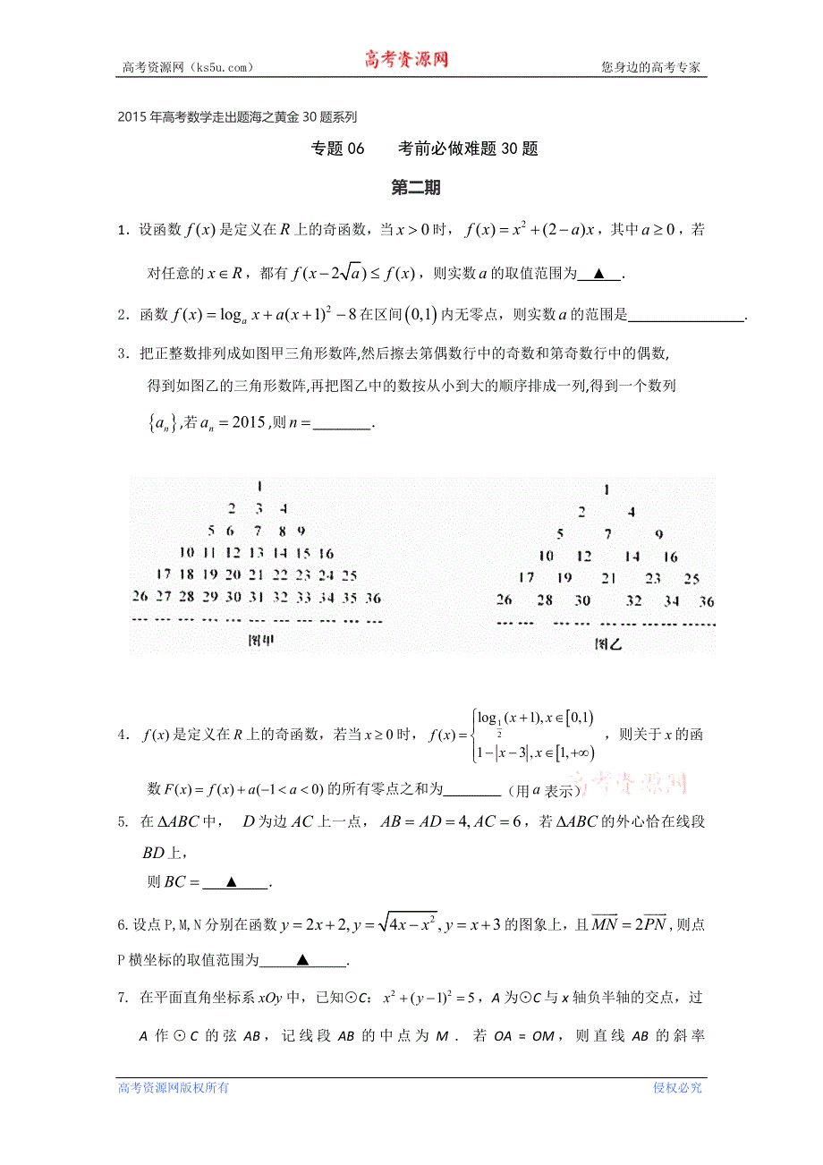 专题06 考前必做难题30题（第02期）-2015年高考数学走出题海之黄金30题系列（江苏版） WORD版缺答案.doc_第1页