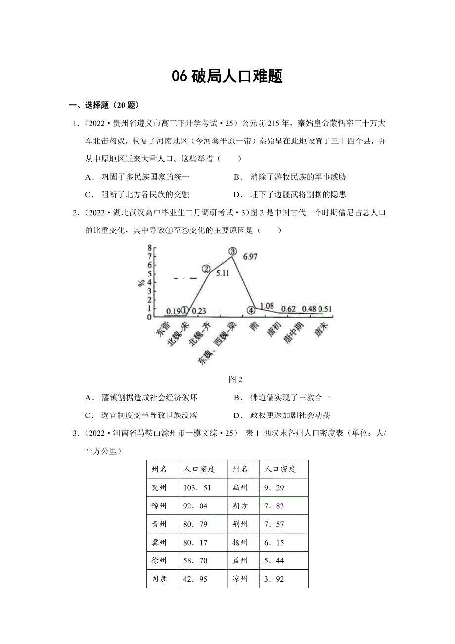 专题06 破局人口难题 试题专练---2022年高考两会历史热点训练（WORD版含答案解析）.docx_第1页