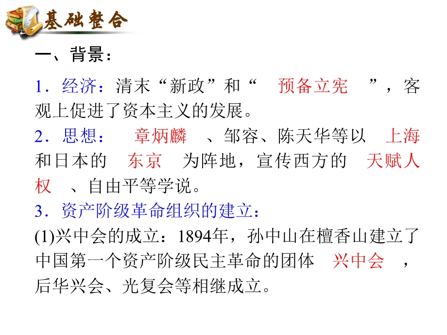 2012届高考复习历史课件（人教山西用）必修1第4单元_考点10_辛亥革命.ppt_第2页