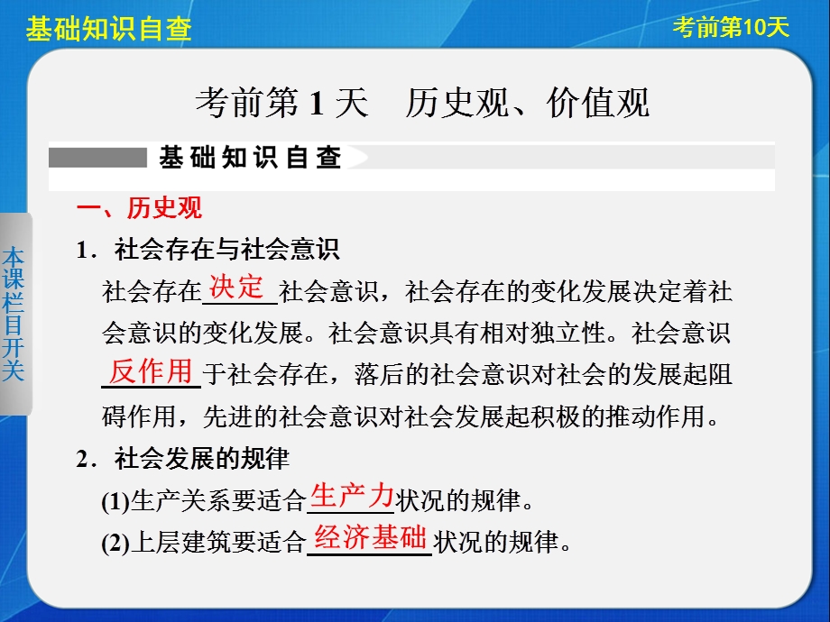 2013届高考政治大二轮复习及增分策略 热点&题型&回扣 课件考前第1天.ppt_第1页