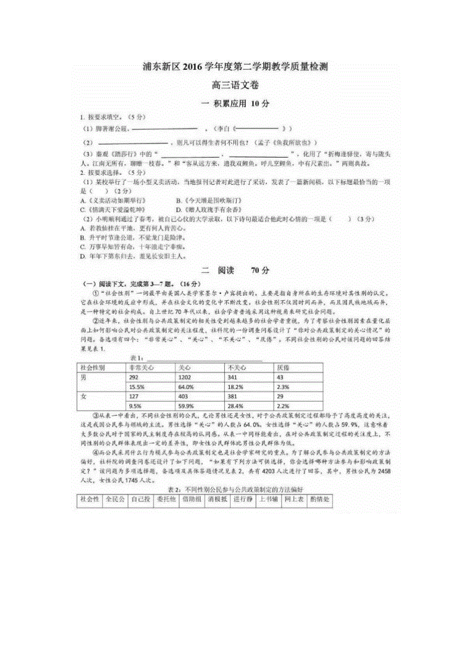 上海市浦东新区2017届高三下学期教学质量检测语文试题 扫描版含答案.doc_第1页