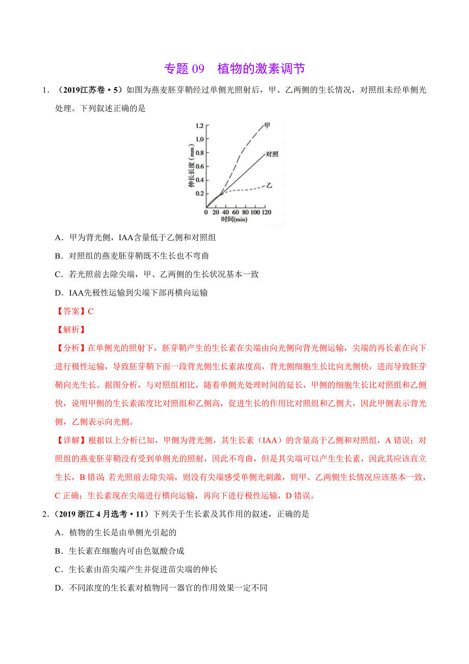 专题09 植物的激素调节-三年（2017-2019）高考真题生物分项汇编 WORD版含解析.doc_第1页