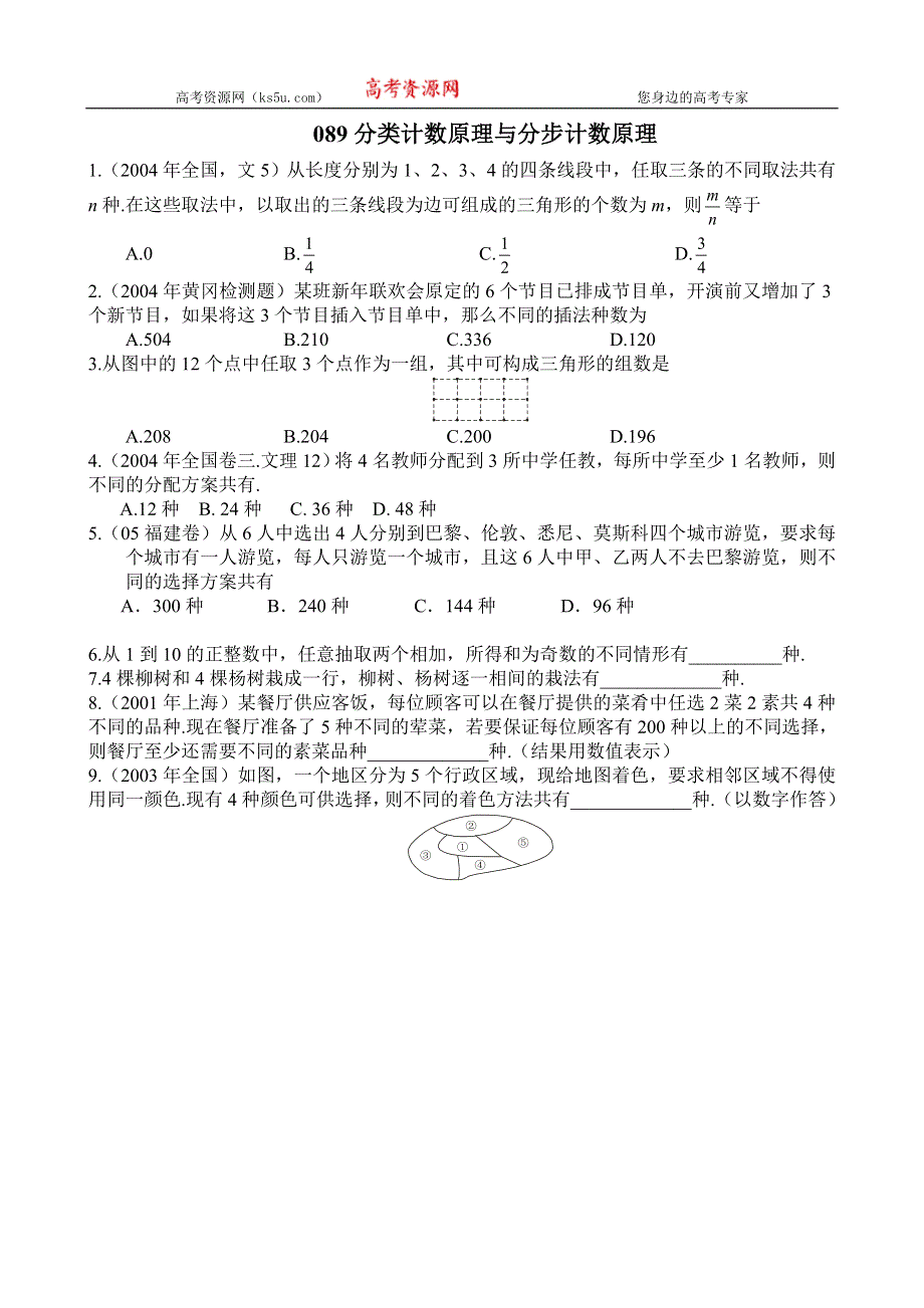 [原创]高考数学第一轮总复习(同步练习)～089分类计数原理与分步计数原理.doc_第1页