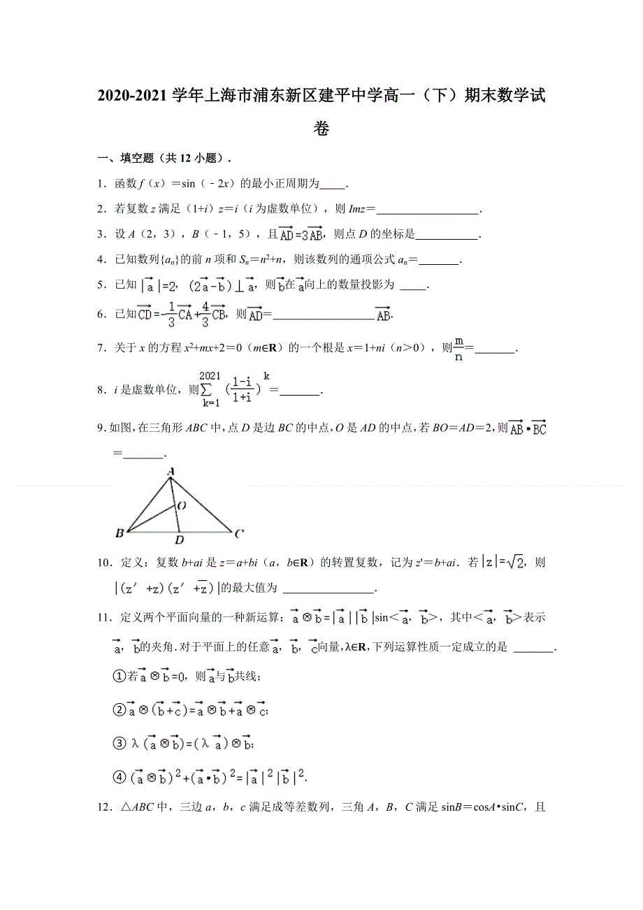 上海市浦东新区建平中学2020-2021学年高一下学期期末考试数学试卷 WORD版含解析.doc_第1页