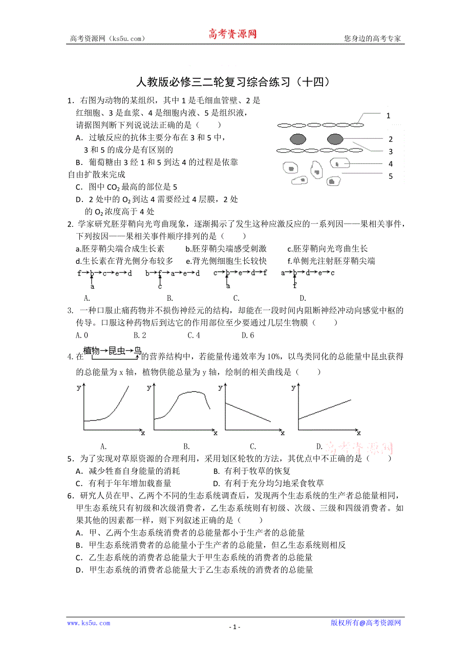 [原创]高考生物二轮复习必修3综合练习14.doc_第1页