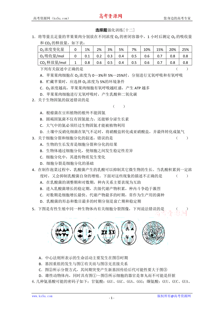 [原创]高考生物二轮复习选择题强化训练12.doc_第1页