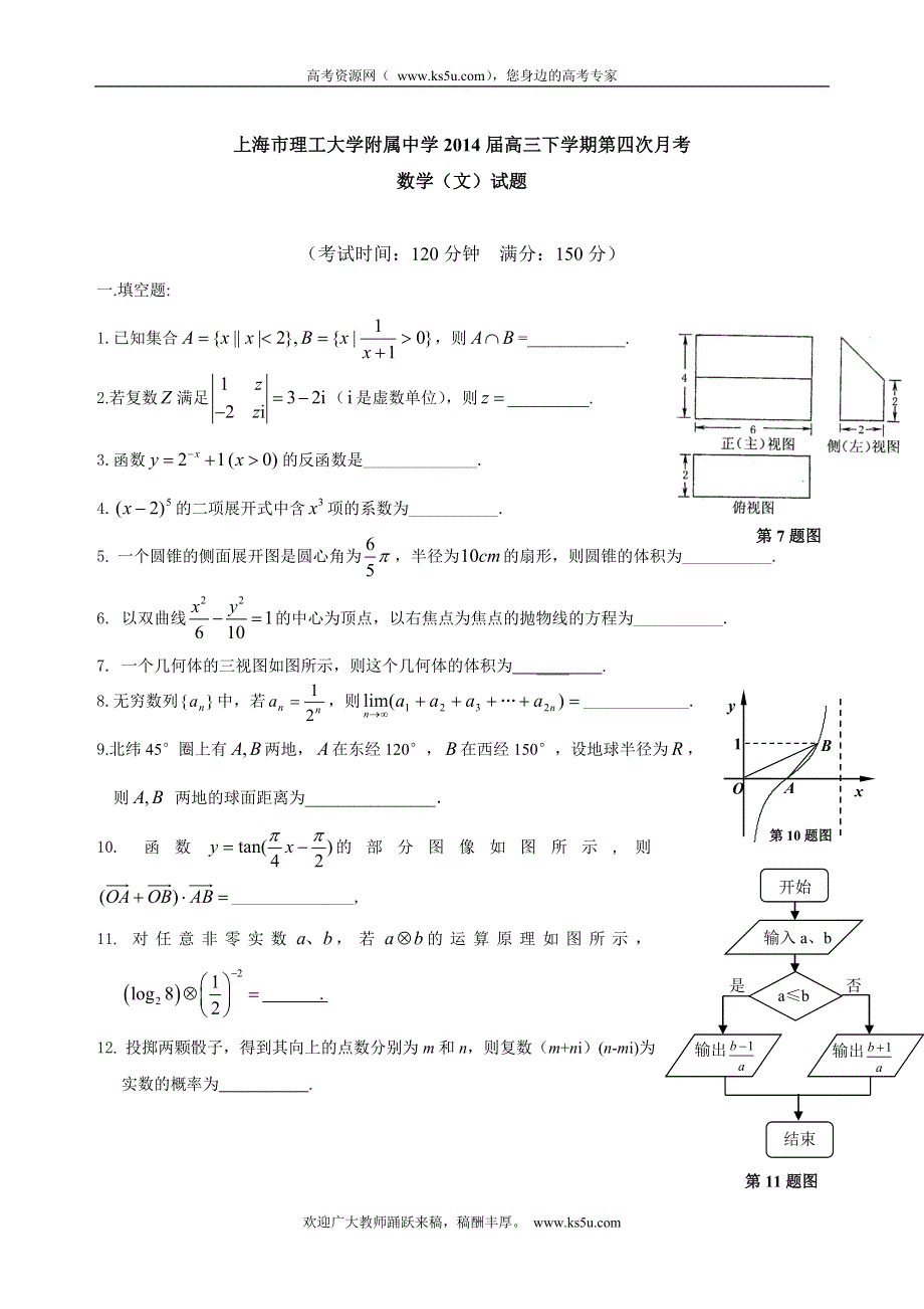 上海市理工大学附属中学2014届高三下学期第四次月考数学（文）试题 WORD版无答案.doc_第1页