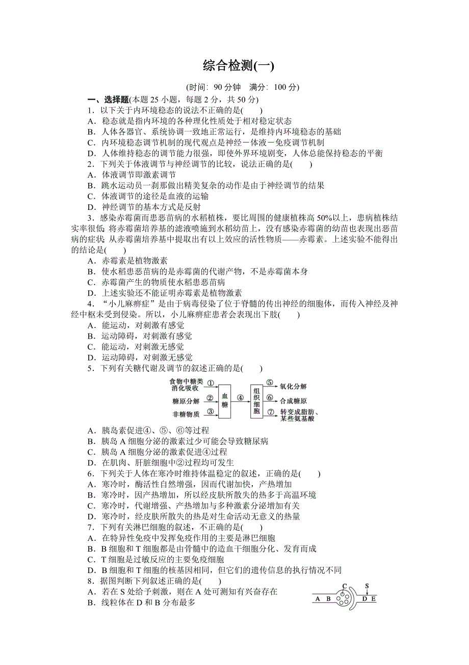 2015-2016学年高二生物人教版必修三综合检测（一） WORD版含解析.docx_第1页