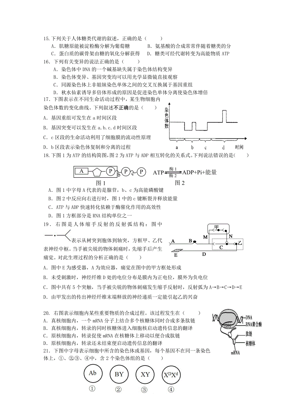 上海市理工大学附属中学2014届高三下学期第四次月考生物试题 WORD版无答案.doc_第3页