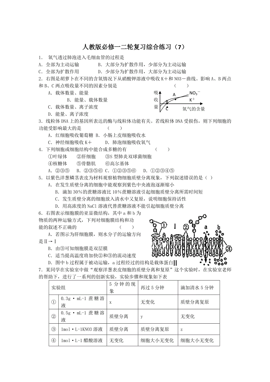 [原创]高考生物二轮复习必修1综合练习7.doc_第1页