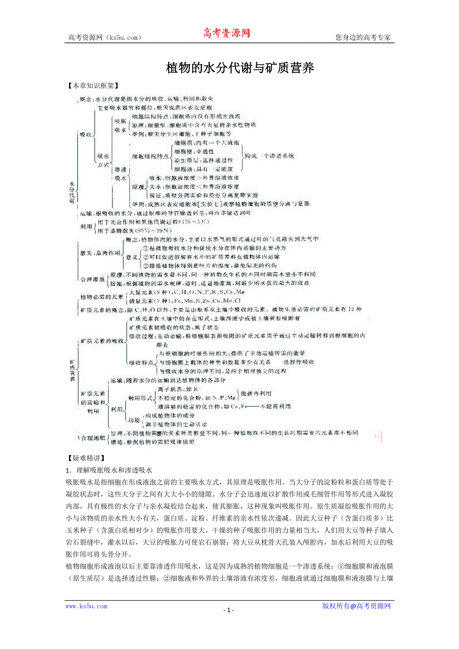 [旧人教]2012届高三生物二轮复习3 植物的水分代谢与矿质营养.doc_第1页