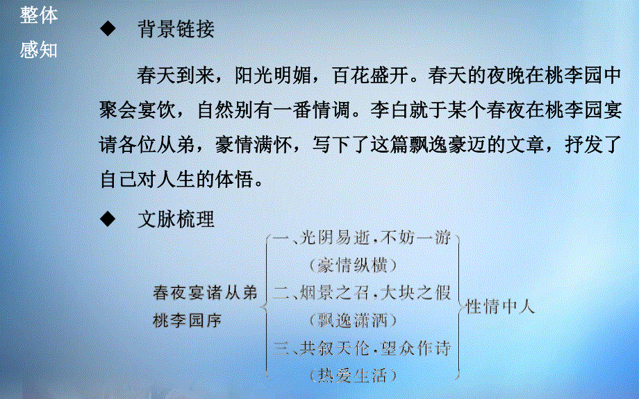 2015-2016学年高二语文粤教版选修《唐宋散文选读》课件：第16课《春夜宴诸从弟桃李园序》 .ppt_第3页