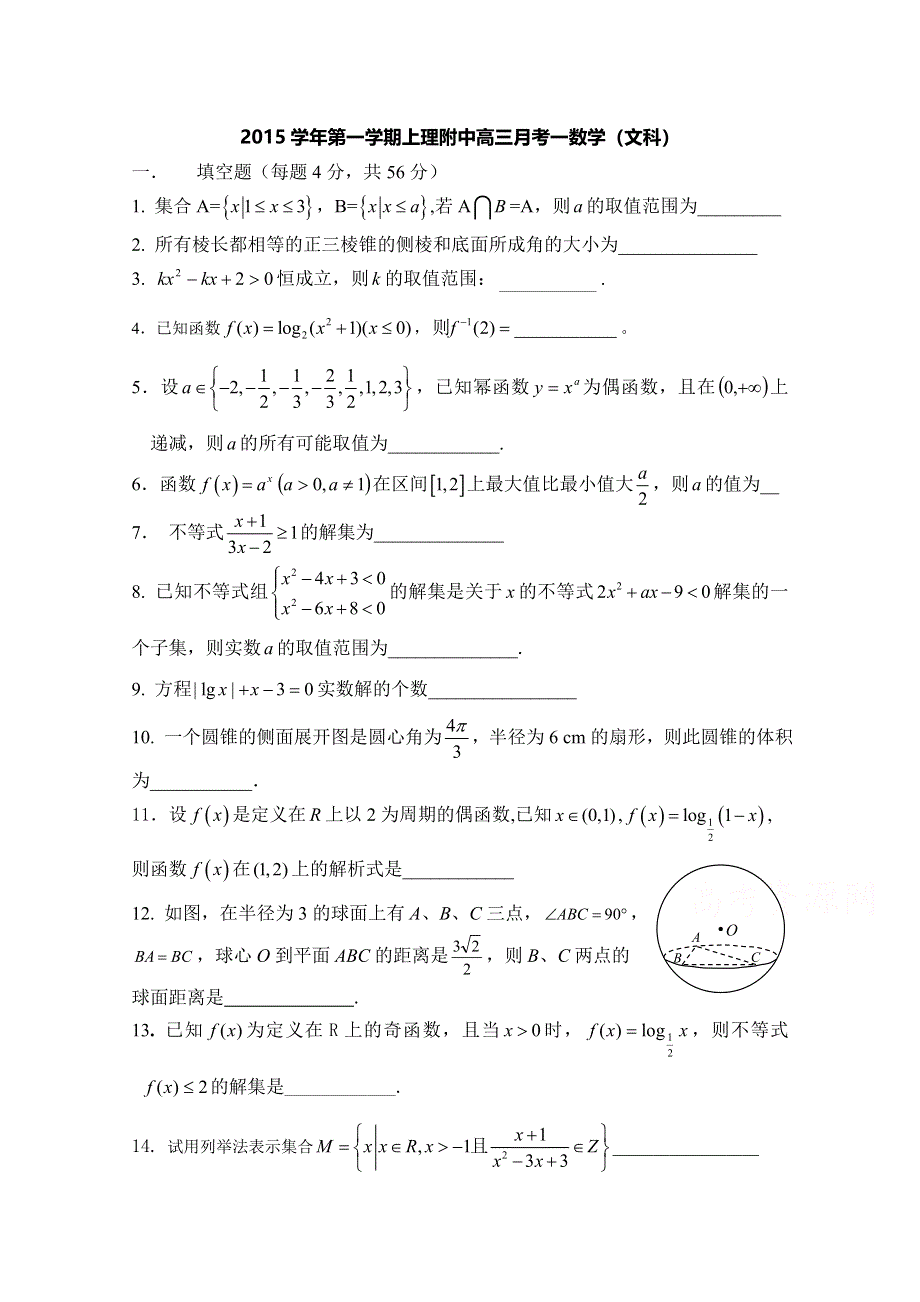 上海理工大学附属中学2016届高三上学期第一次月考数学（文）试题 WORD版无答案.doc_第1页