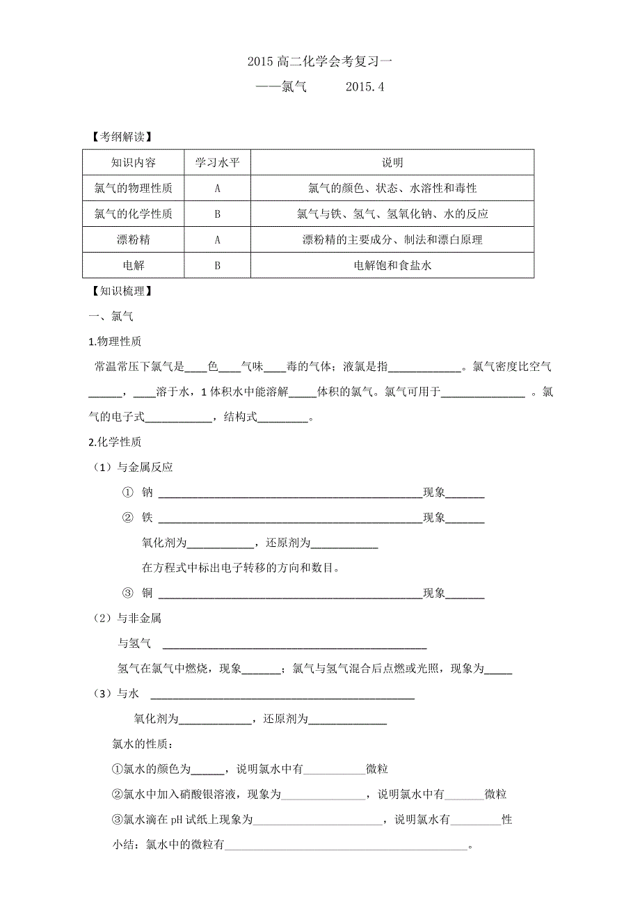 上海财经大学附属中学2016届高二化学会考复习学案-氯气 WORD版.doc_第1页