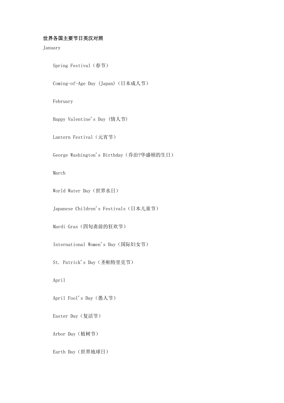 世界各国主要节日英汉对照.doc_第1页
