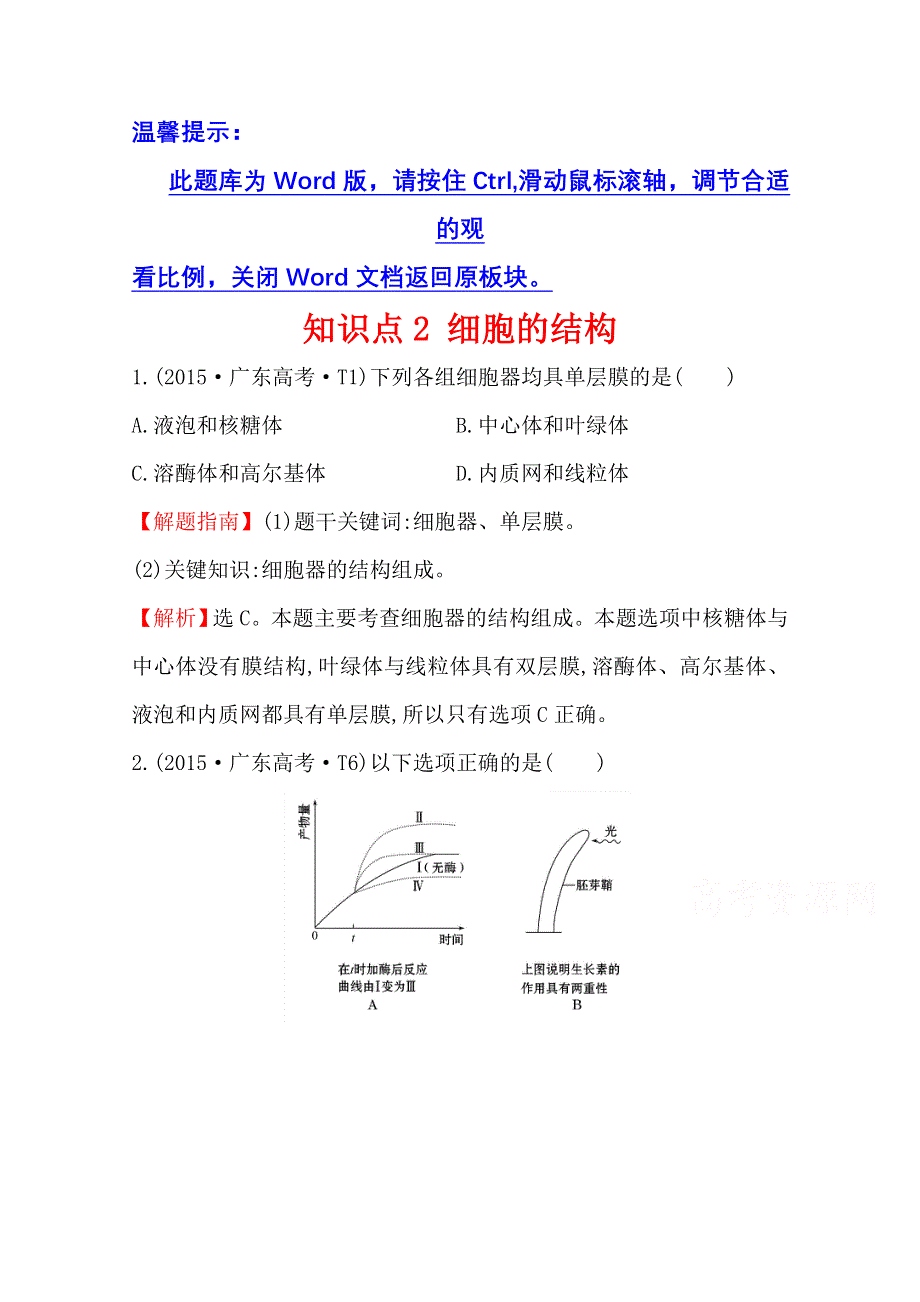 世纪金榜2017版高考生物一轮总复习 2015年高考分类题库 知识点2 细胞的结构.doc_第1页