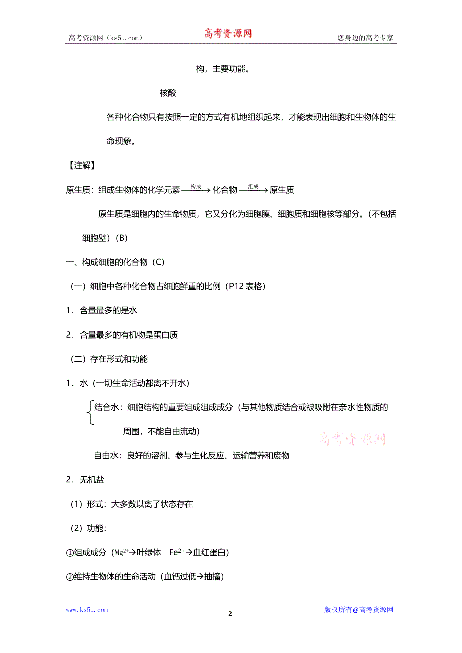 [旧人教]2012高三生物第一轮复习教案1、生命的物质基础2、组成生物体的化合物.doc_第2页