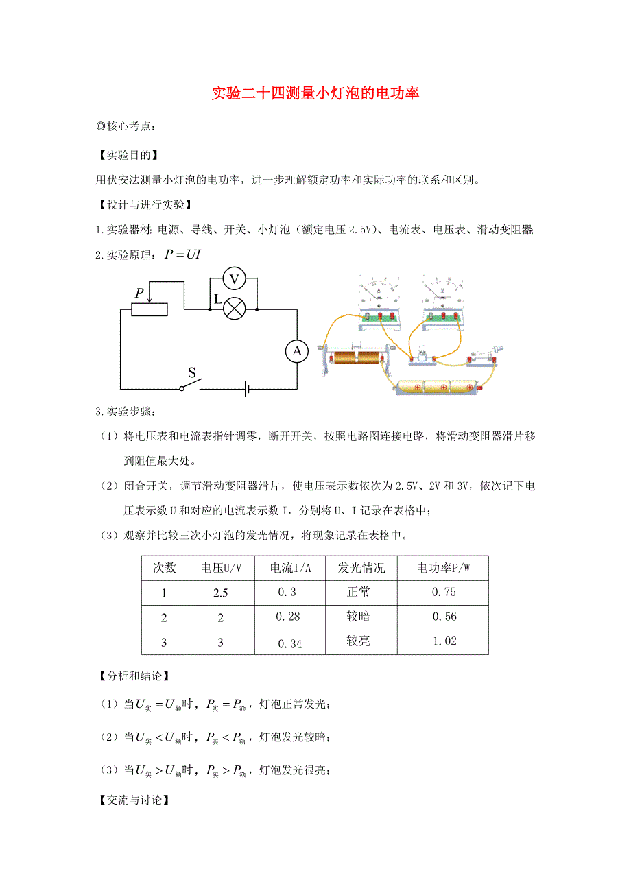 中考物理 实验专题突破针对训练 实验24 测量小灯泡的电功率.docx_第1页