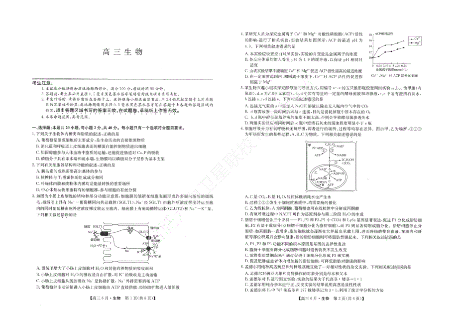 安徽省合肥市第六中学2022届高三上学期6月月考生物试题 PDF版含答案.pdf_第1页