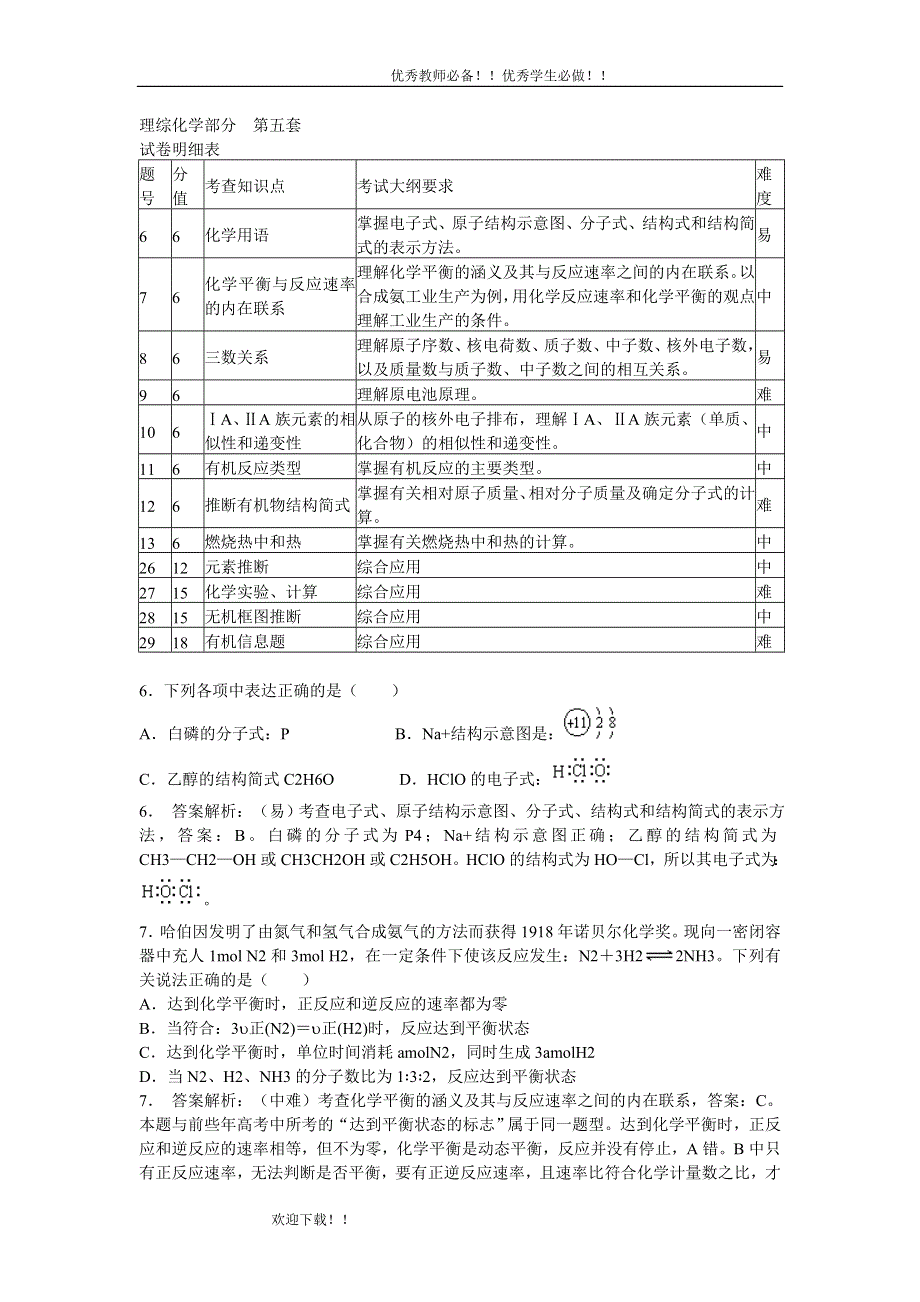 [转载]2011年全国统一考试湖南长沙市重点中学一中学高三（理综）化学部分高考模拟训练（五）（含详细答案）.doc_第1页