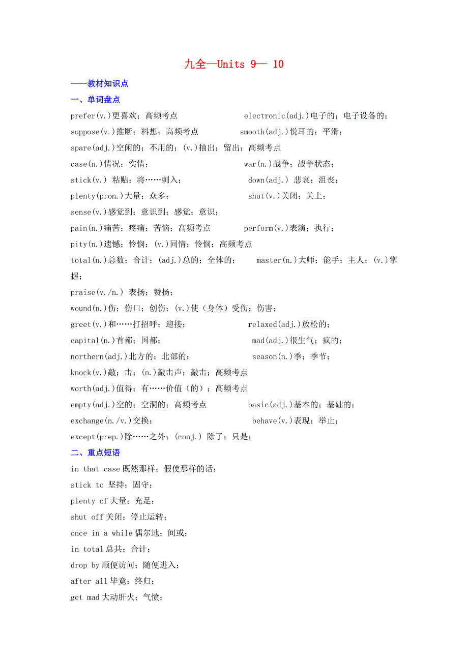 中考英语专题复习 专题18 九年级全册 Units 9-10（含解析）.doc_第1页