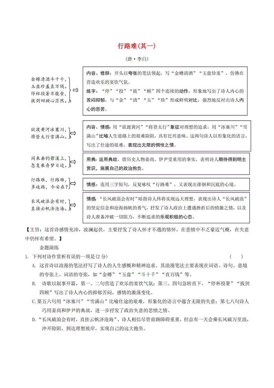 中考语文专题复习 古诗词曲鉴赏 28 行路难（其一）精炼.doc_第1页