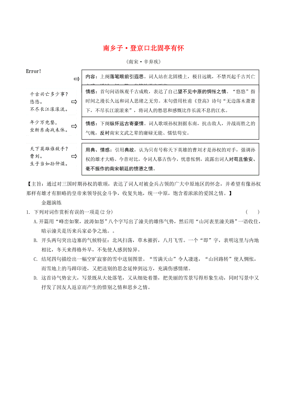 中考语文专题复习 古诗词曲鉴赏 38 南乡子•登京口北固亭有怀精炼.doc_第1页