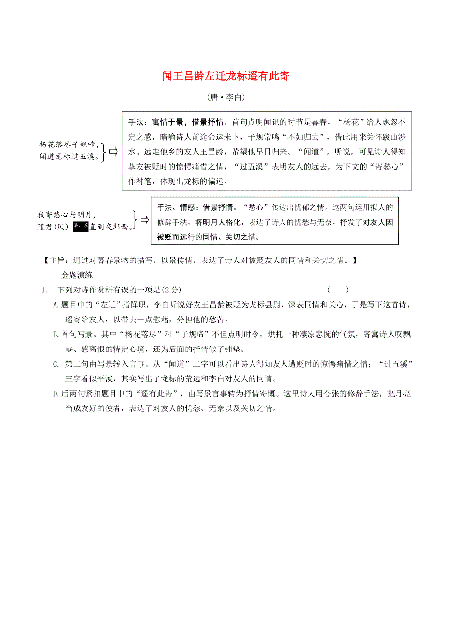 中考语文专题复习 古诗词曲鉴赏 2 闻王昌龄左迁龙标遥有此寄精炼.doc_第1页