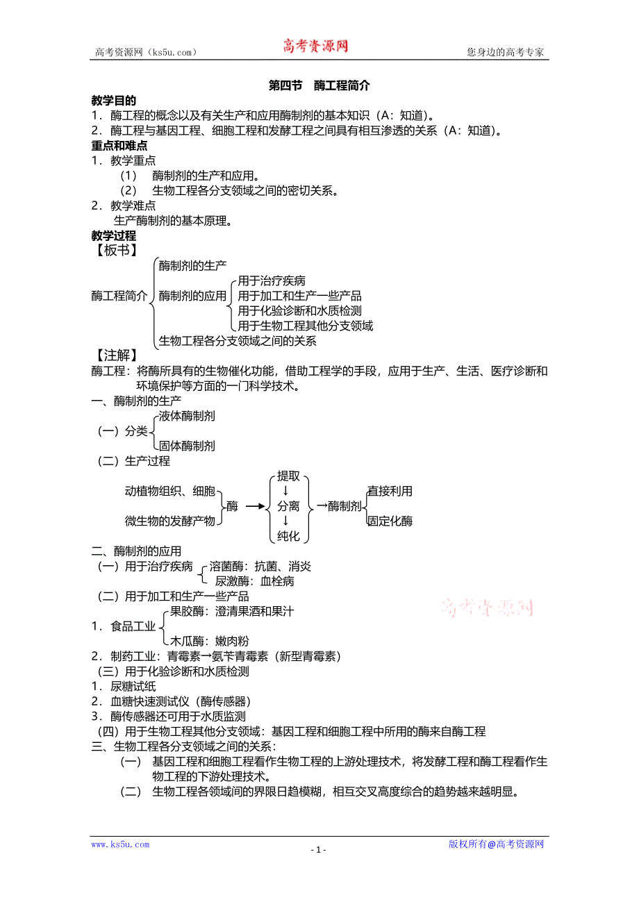 [旧人教]2012高三生物第一轮复习教案选修5、微生物与发酵工程4、酶工程简介.doc_第1页
