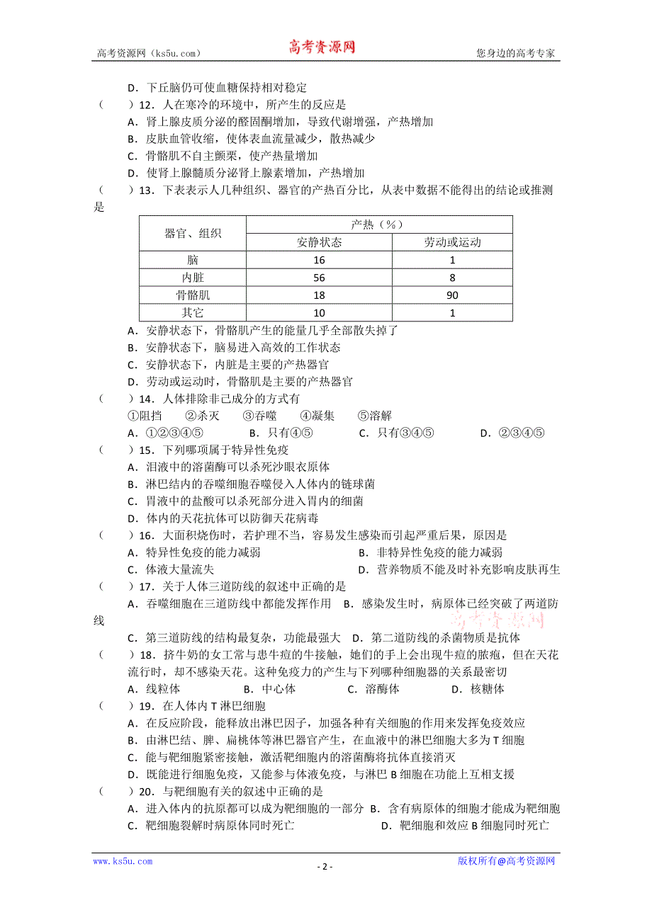 [旧人教]高三生物选修全一册调节和免疫 周 周 练.doc_第2页