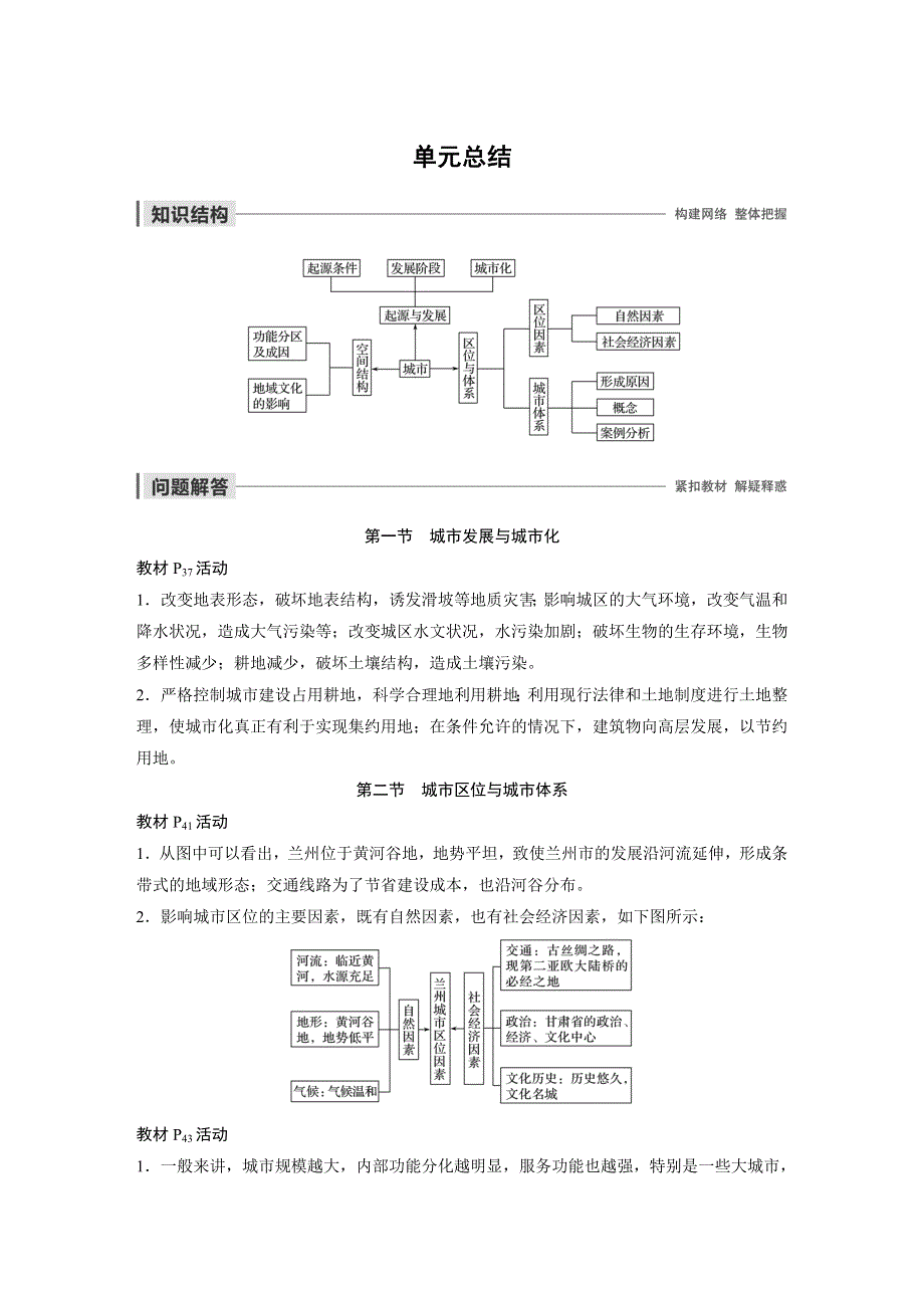 2019-2020学年新素养同步导学鲁教版高中地理必修二江苏专用练习：第2单元 城市与地理环境 单元总结 WORD版含解析.docx_第1页