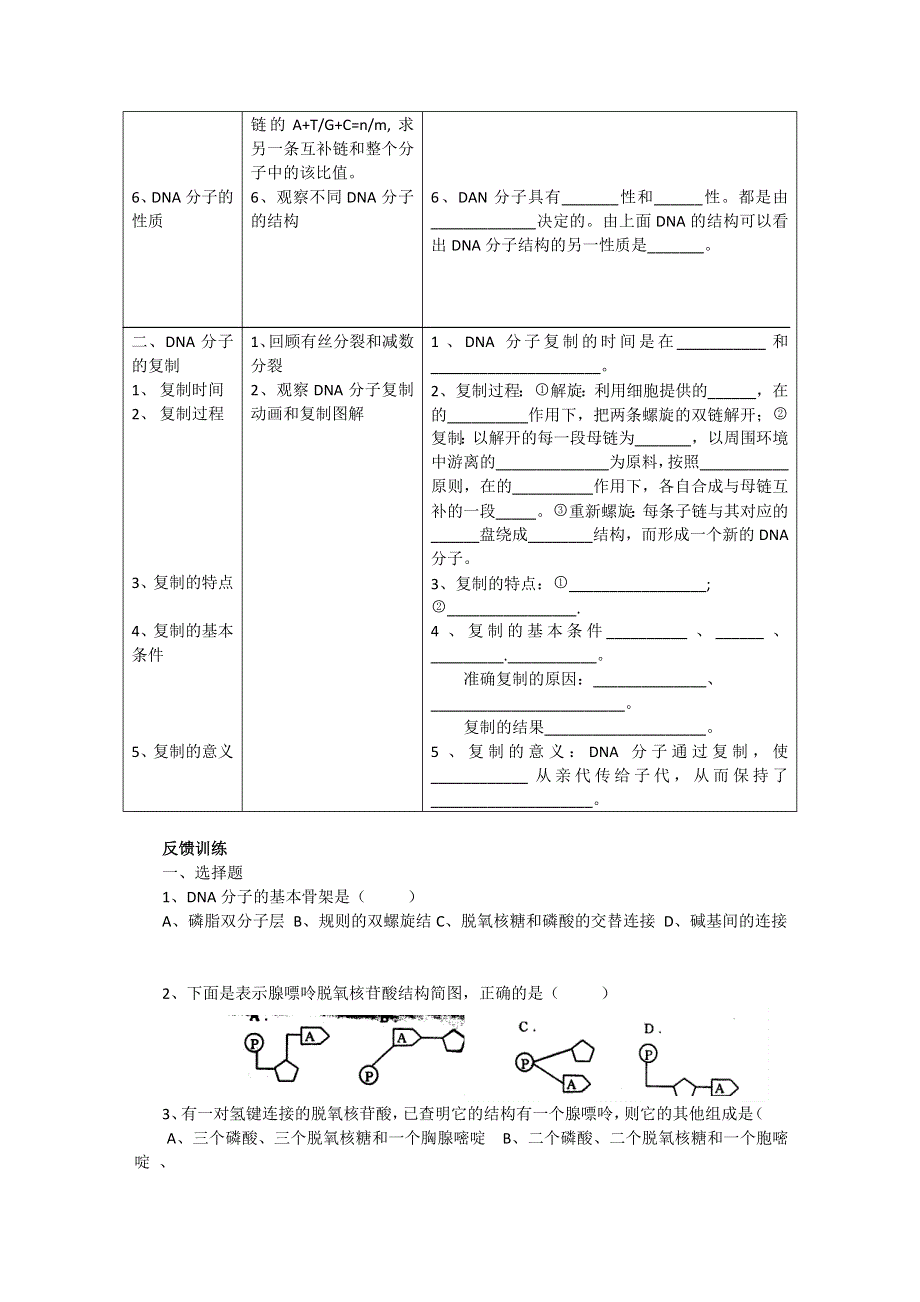 [旧人教]高中生物第一册第六章训练 第一节遗传的物质基础二DNA分子的结构和复制.doc_第2页