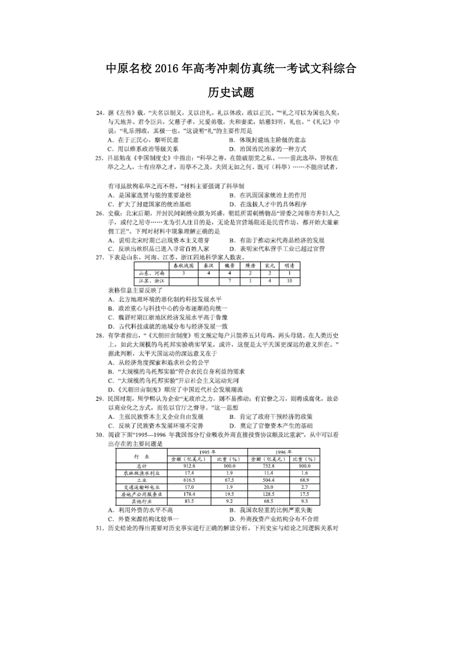 中原名校2016年高考冲刺仿真统一考试文科综合历史试题 扫描版含解析.doc_第1页