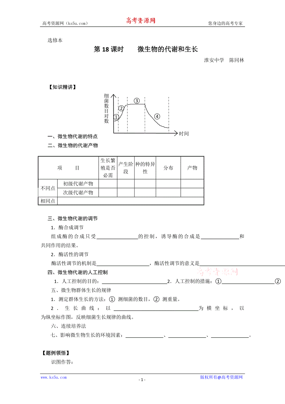 [旧人教]高中生物选修全一册第18课时微生物的代谢和生长.doc_第1页