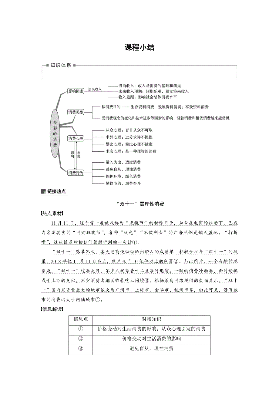 2019-2020学年新素养导学同步人教版老课标高中政治必修一学案：第一单元 生活与消费 第三课 课程小结 WORD版含答案.docx_第1页