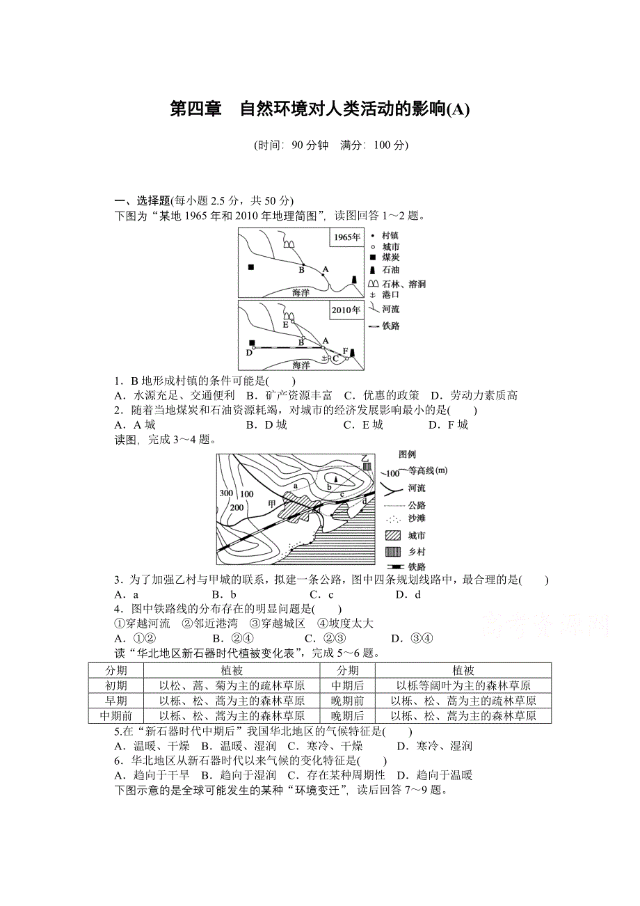 2016-2017学年高中地理（中图版必修一）课时作业 第四章 自然环境对人类活动的影响 章末检测（A卷） WORD版含答案.docx_第1页