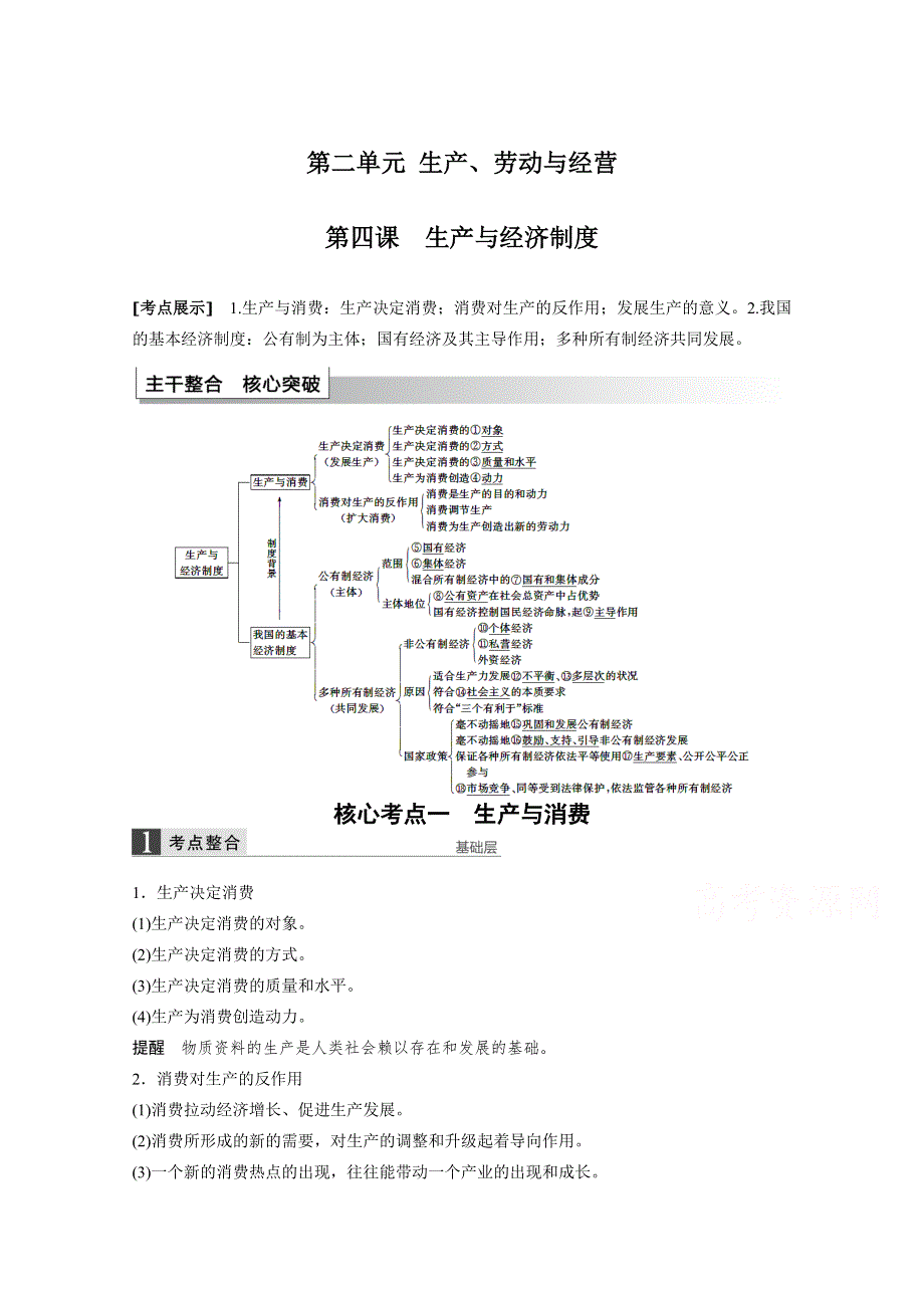 2016届高考政治大一轮总复习（人教版文科）第二单元 生产、劳动与经 第四课 生产与经济制度.docx_第1页