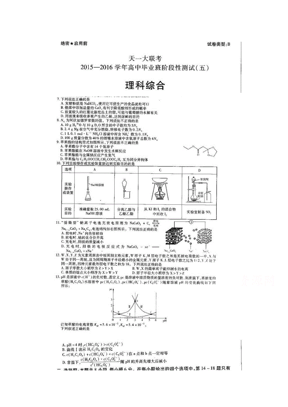 河南省天一大联考2016届高三阶段性测试（五）B卷 理综化学试题 扫描版含答案.doc_第1页