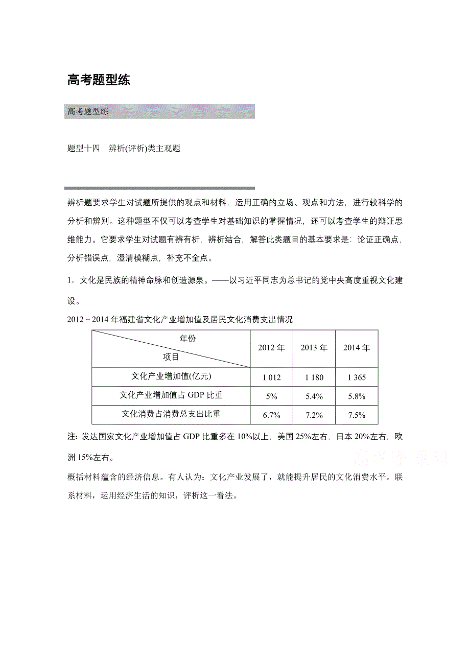 2016版高考政治（全国专用）大二轮总复习与增分策略配套文档：第二部分 高考题型练十四 辨析(评析)类主观题.docx_第1页